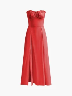 COMMENSE Lettuce Trim Slit Midi Dress* Summer Dresses|Midi Dresses