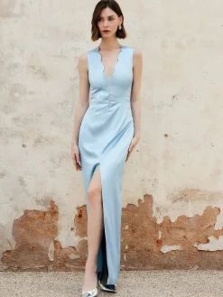 COMMENSE Lettuce Trim Split Tank Long Dress* Cocktail & Party Dresses|Vacation Dresses