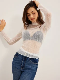 COMMENSE Lettuce Trim Textured Sheer T-Shirt* T-shirts|Tops