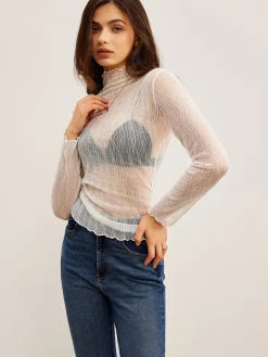 COMMENSE Lettuce Trim Textured Sheer T-Shirt* T-shirts|Tops
