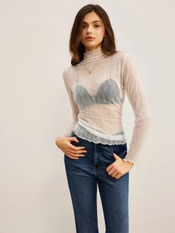 COMMENSE Lettuce Trim Textured Sheer T-Shirt* T-shirts|Tops