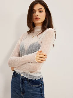 COMMENSE Lettuce Trim Textured Sheer T-Shirt* T-shirts|Tops