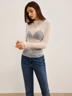 COMMENSE Lettuce Trim Textured Sheer T-Shirt* T-shirts|Tops