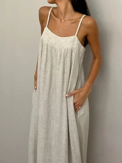 COMMENSE Linen Pockets Cami Long Dress* Casual Dresses|Vacation Dresses