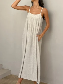 COMMENSE Linen Pockets Cami Long Dress* Casual Dresses|Vacation Dresses