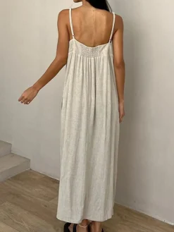 COMMENSE Linen Pockets Cami Long Dress* Casual Dresses|Vacation Dresses