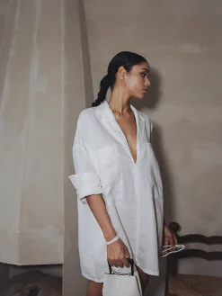 COMMENSE Linen Pockets Loose Long Sleeve Dress* White Dresses|Casual Dresses