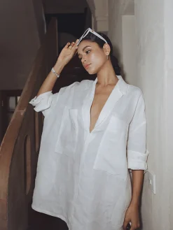 COMMENSE Linen Pockets Loose Long Sleeve Dress* White Dresses|Casual Dresses