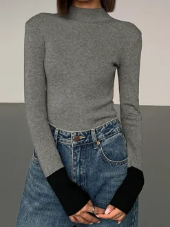 COMMENSE Long Sleeve Contrast Cuff Knit Top* Sweater Tops|Sweaters & Cardigans