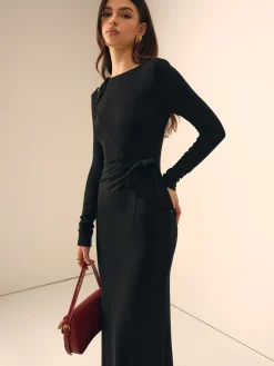 COMMENSE Long Sleeve Knotted Slim Dress* Black Dresses|Casual Dresses