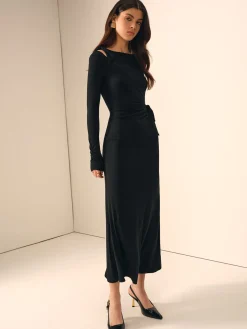 COMMENSE Long Sleeve Knotted Slim Dress* Black Dresses|Casual Dresses