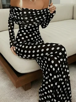 COMMENSE Long Sleeve Off-Shoulder Polka Dot Print Long Dress* Black Dresses|Cocktail & Party Dresses