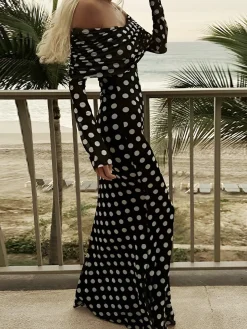 COMMENSE Long Sleeve Off-Shoulder Polka Dot Print Long Dress* Black Dresses|Cocktail & Party Dresses