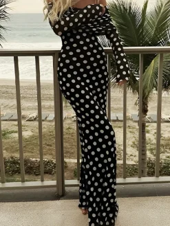 COMMENSE Long Sleeve Off-Shoulder Polka Dot Print Long Dress* Black Dresses|Cocktail & Party Dresses