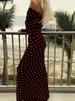 COMMENSE Long Sleeve Off-Shoulder Polka Dot Print Long Dress* Black Dresses|Cocktail & Party Dresses