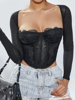COMMENSE Long Sleeve Sweetheart Lace Corset* Corset Tops|Tops