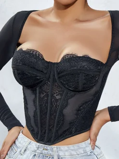 COMMENSE Long Sleeve Sweetheart Lace Corset* Corset Tops|Tops