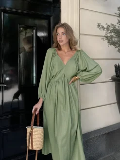 COMMENSE Loose Pleated Tie Back Dress* Work Dresses|Vacation Dresses