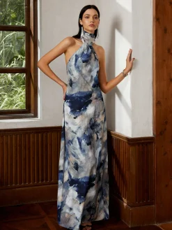 COMMENSE Love Era Tie Dye Satin Halter Long Dress* Cocktail & Party Dresses|Summer Dresses