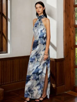 COMMENSE Love Era Tie Dye Satin Halter Long Dress* Cocktail & Party Dresses|Summer Dresses
