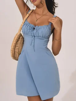 COMMENSE Low Cut Drawstring Pockets Cami Dress* Casual Dresses|Vacation Dresses