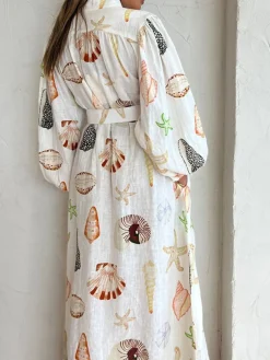 COMMENSE Marine Life Print Button-Front Belted Long Dress* White Dresses|Casual Dresses