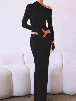 COMMENSE Matte Jersey One Shoulder Off Maxi Skirt Set* Skirt Sets|Long Sleeve Sets