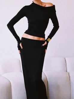 COMMENSE Matte Jersey One Shoulder Off Maxi Skirt Set* Skirt Sets|Long Sleeve Sets
