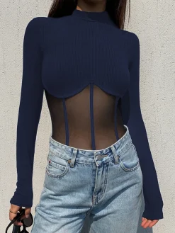 COMMENSE Mesh Combination Corset Long Sleeve Top* Sweater Tops|T-shirts