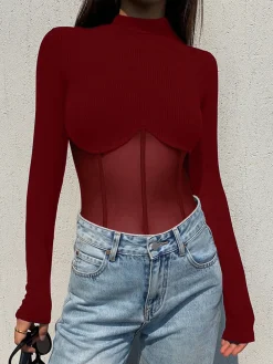 COMMENSE Mesh Combination Corset Long Sleeve Top* Sweater Tops|T-shirts