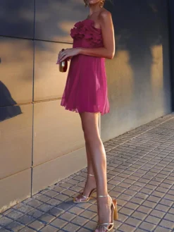 COMMENSE Mesh Rosette Tube Pleat Short Dress* Black Dresses|Cocktail & Party Dresses