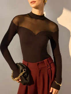 COMMENSE Mesh-Detail Sweetheart Slim Top* T-shirts|Tops