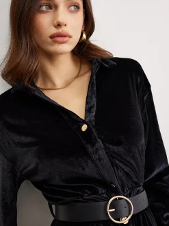 COMMENSE Metal Button Belted Velvet Dress* Black Dresses|Casual Dresses