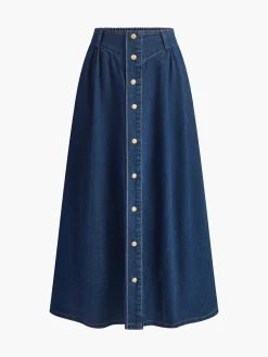 COMMENSE Metal Button Pleated Denim Skirt* Skirts