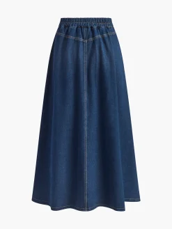 COMMENSE Metal Button Pleated Denim Skirt* Skirts