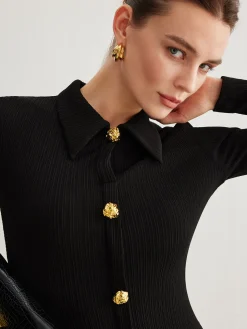 COMMENSE Metal Button-Down Split Lapel Dress* Black Dresses|Casual Dresses