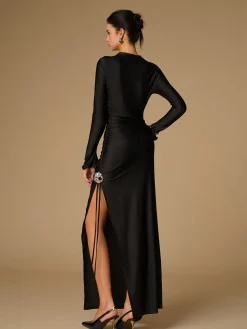 COMMENSE Metal Decor Split Pleated Long Dress* Black Dresses|Cocktail & Party Dresses
