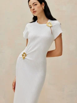 COMMENSE Metal Decoration Sweater Dress* White Dresses|Sweater Dresses