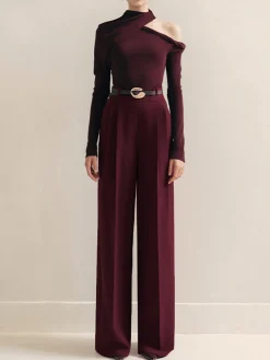 COMMENSE Metal-Belt Pleated High-Waist Pants* Pants|Matching Sets