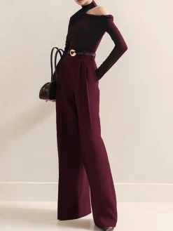 COMMENSE Metal-Belt Pleated High-Waist Pants* Pants|Matching Sets