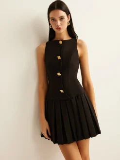 COMMENSE Metal-Button Pleated Tank Dress* Black Dresses|Casual Dresses