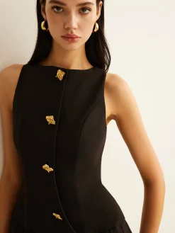 COMMENSE Metal-Button Pleated Tank Dress* Black Dresses|Casual Dresses