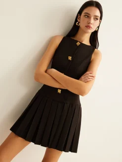 COMMENSE Metal-Button Pleated Tank Dress* Black Dresses|Casual Dresses