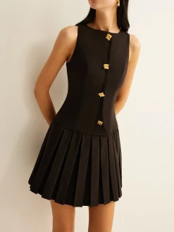 COMMENSE Metal-Button Pleated Tank Dress* Black Dresses|Casual Dresses