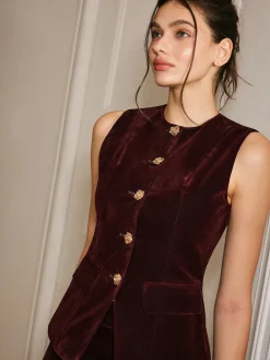 COMMENSE Metal-Button Velvet Cinched Vest* Outerwear|Vests