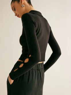 COMMENSE Metal-Decor Cutout Lapel Crop Sweater* Sweater Tops|Sweaters & Cardigans