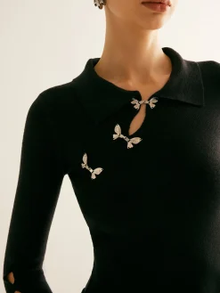 COMMENSE Metal-Decor Cutout Lapel Crop Sweater* Sweater Tops|Sweaters & Cardigans