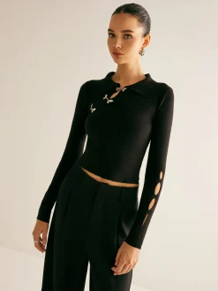 COMMENSE Metal-Decor Cutout Lapel Crop Sweater* Sweater Tops|Sweaters & Cardigans