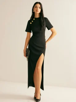 COMMENSE Metal-Decor Side-Split Dress* Black Dresses|Casual Dresses