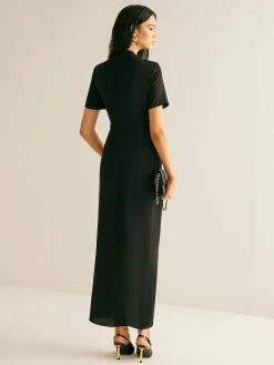 COMMENSE Metal-Decor Side-Split Dress* Black Dresses|Casual Dresses
